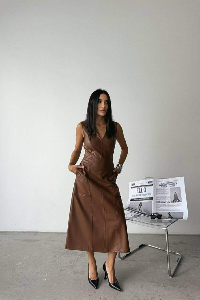 V NECK SLEEVELESS LONG LEATHER WOMEN DRESS BROWN/KAFE - 1