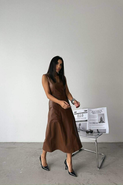 V NECK SLEEVELESS LONG LEATHER WOMEN DRESS BROWN/KAFE - 2
