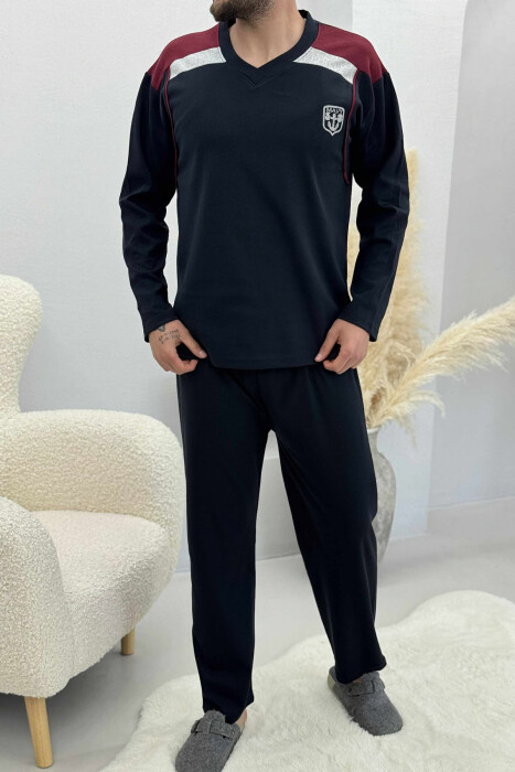 V NECK SMALL LOGO SWEATSHIRT+SWEATPANTS MEN PYJAMAS DARK BLUE/BEE - KLAUDIO FASHION