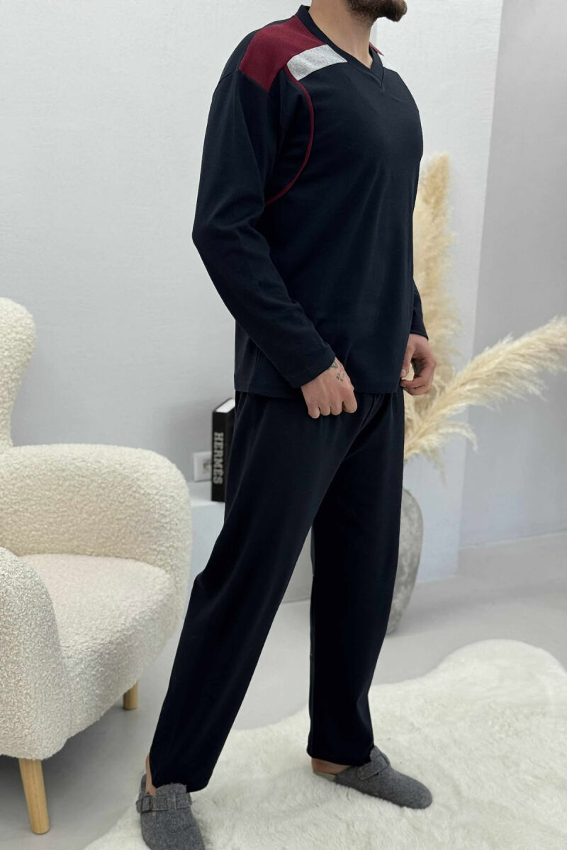 V NECK SMALL LOGO SWEATSHIRT+SWEATPANTS MEN PYJAMAS DARK BLUE/BEE - 3