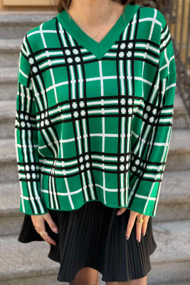 V NECK SQUARE STRIPE WOMAN SWEATER GREEN/JESHILE 