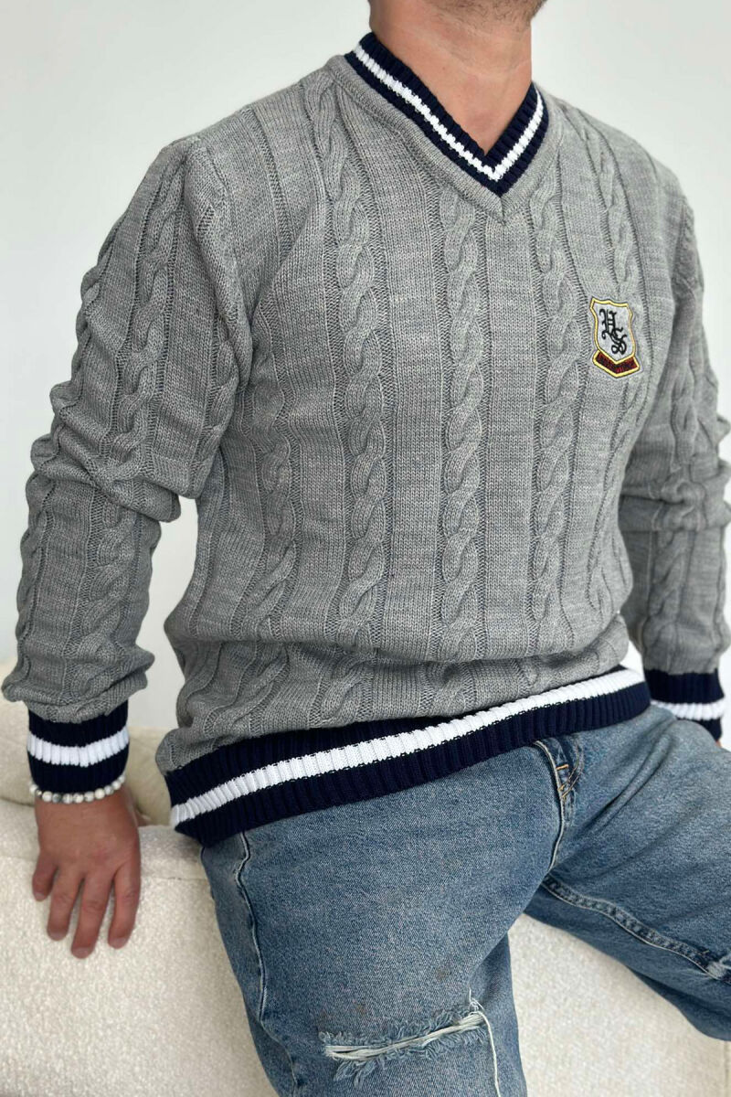 V NECK STAMP MEN SWEATER GREY-BLUEBLGR - 2