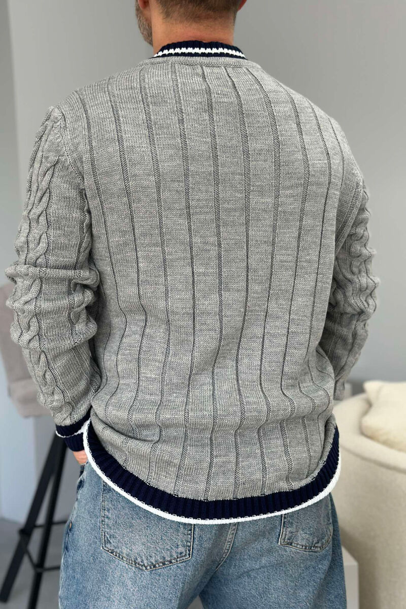 V NECK STAMP MEN SWEATER GREY-BLUEBLGR - 3