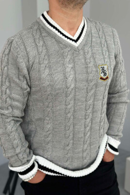 V NECK STAMP MEN SWEATER GREY-WHITE/GRBA 