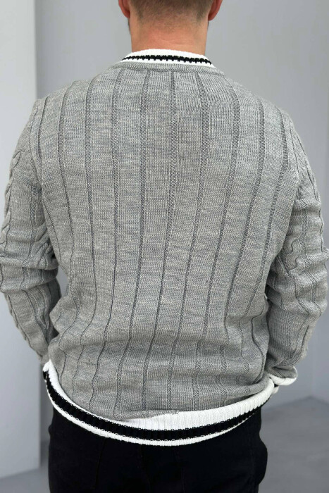 V NECK STAMP MEN SWEATER GREY-WHITE/GRBA - 3