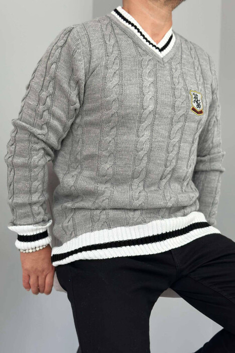 V NECK STAMP MEN SWEATER GREY-WHITE/GRBA - 5