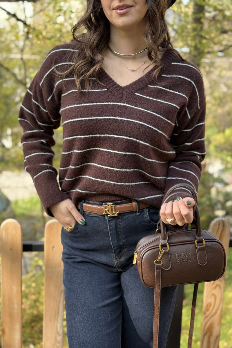 V NECK STRIPED WOMEN SWEATER DARK BROWN/KAE - 5
