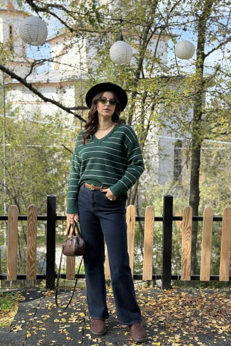 V NECK STRIPED WOMEN SWEATER DARK GREEN/JEE 
