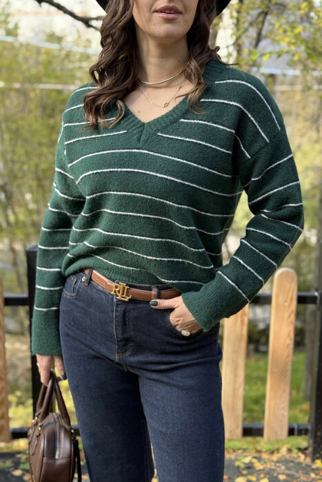 V NECK STRIPED WOMEN SWEATER DARK GREEN/JEE - 5