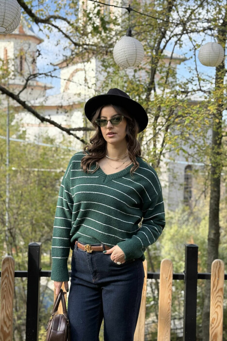 V NECK STRIPED WOMEN SWEATER DARK GREEN/JEE - 3