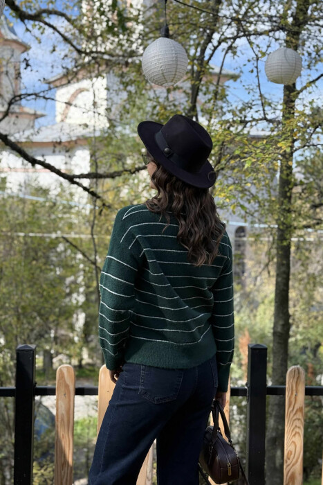 V NECK STRIPED WOMEN SWEATER DARK GREEN/JEE - 4