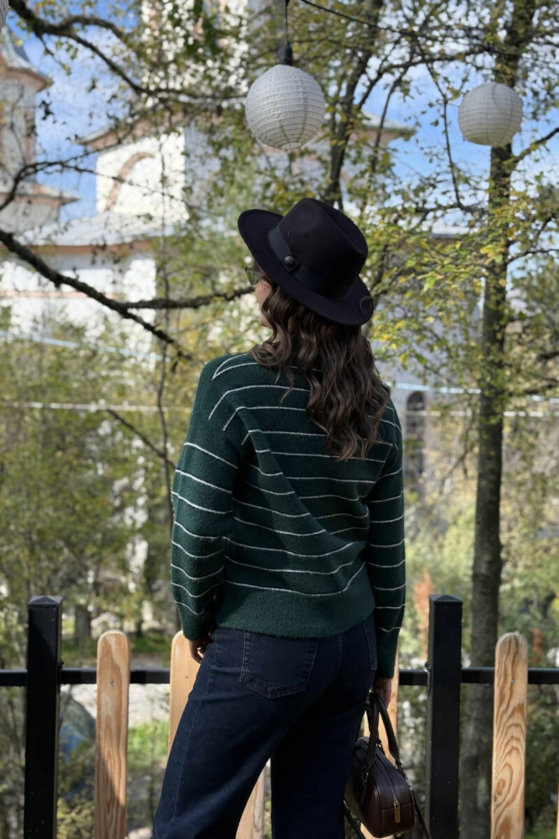 V NECK STRIPED WOMEN SWEATER DARK GREEN/JEE - 4