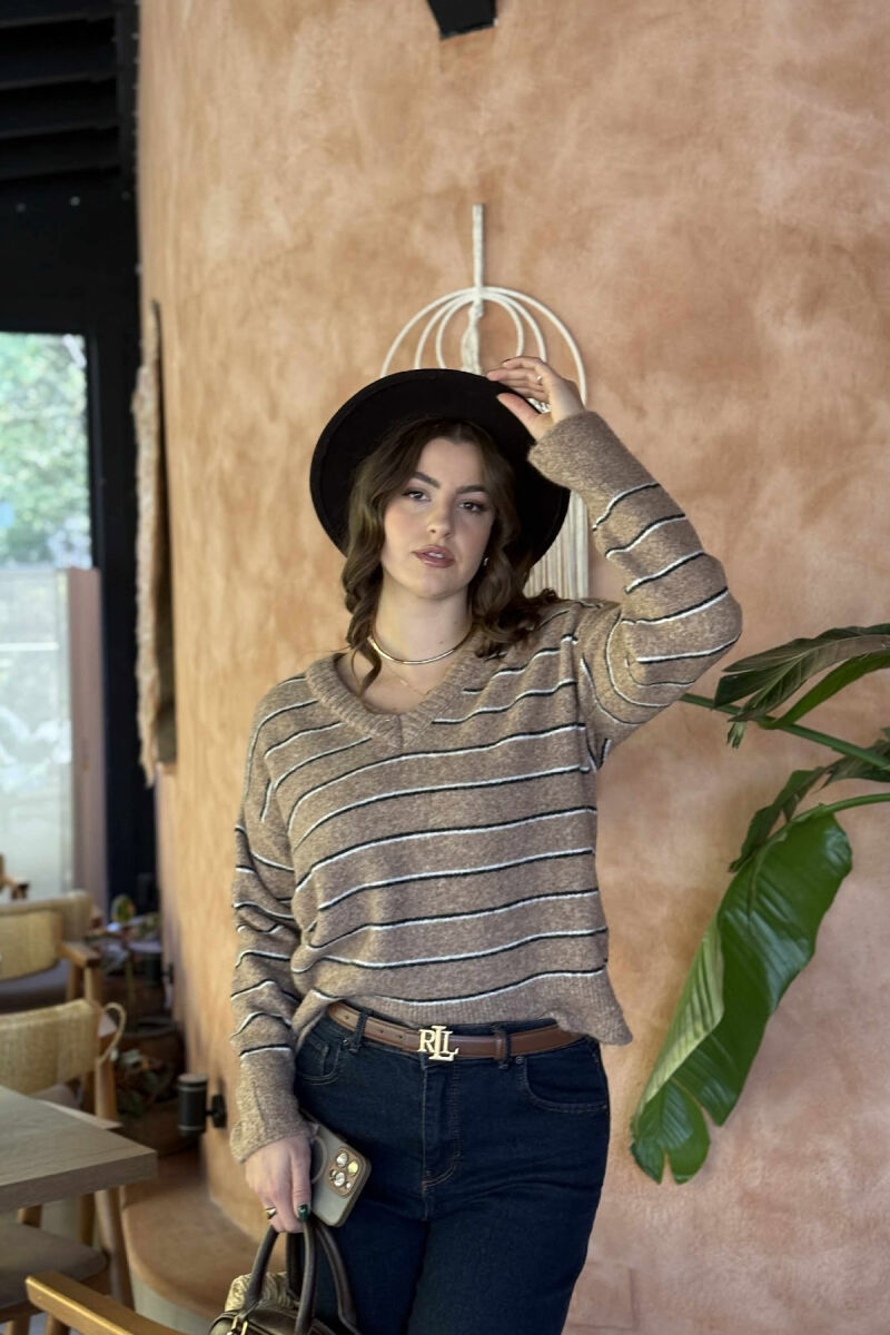 V NECK STRIPED WOMEN SWEATER LIGHT BROWN/KAZB - 3