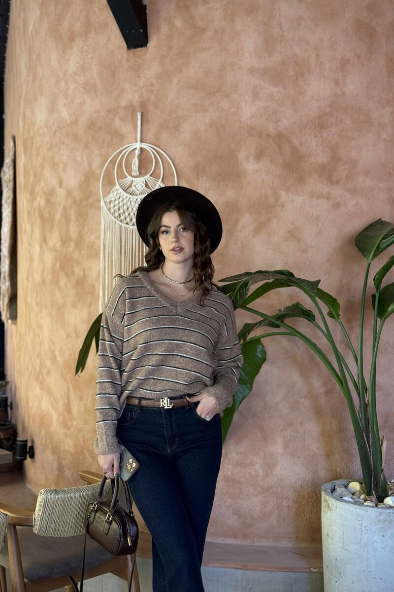 V NECK STRIPED WOMEN SWEATER LIGHT BROWN/KAZB - 1