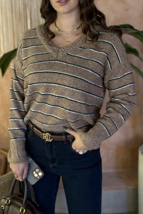 V NECK STRIPED WOMEN SWEATER LIGHT BROWN/KAZB - 4