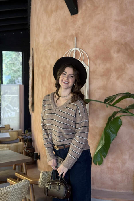 V NECK STRIPED WOMEN SWEATER LIGHT BROWN/KAZB - 2