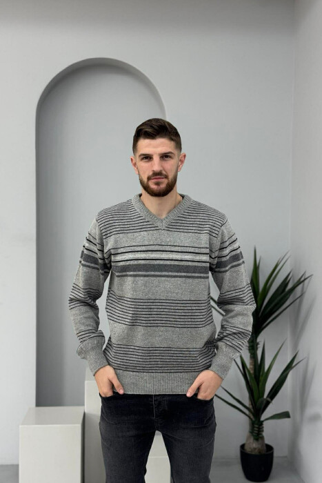 V NECK STRIPES MEN SWEATER GREY/GRI - 2