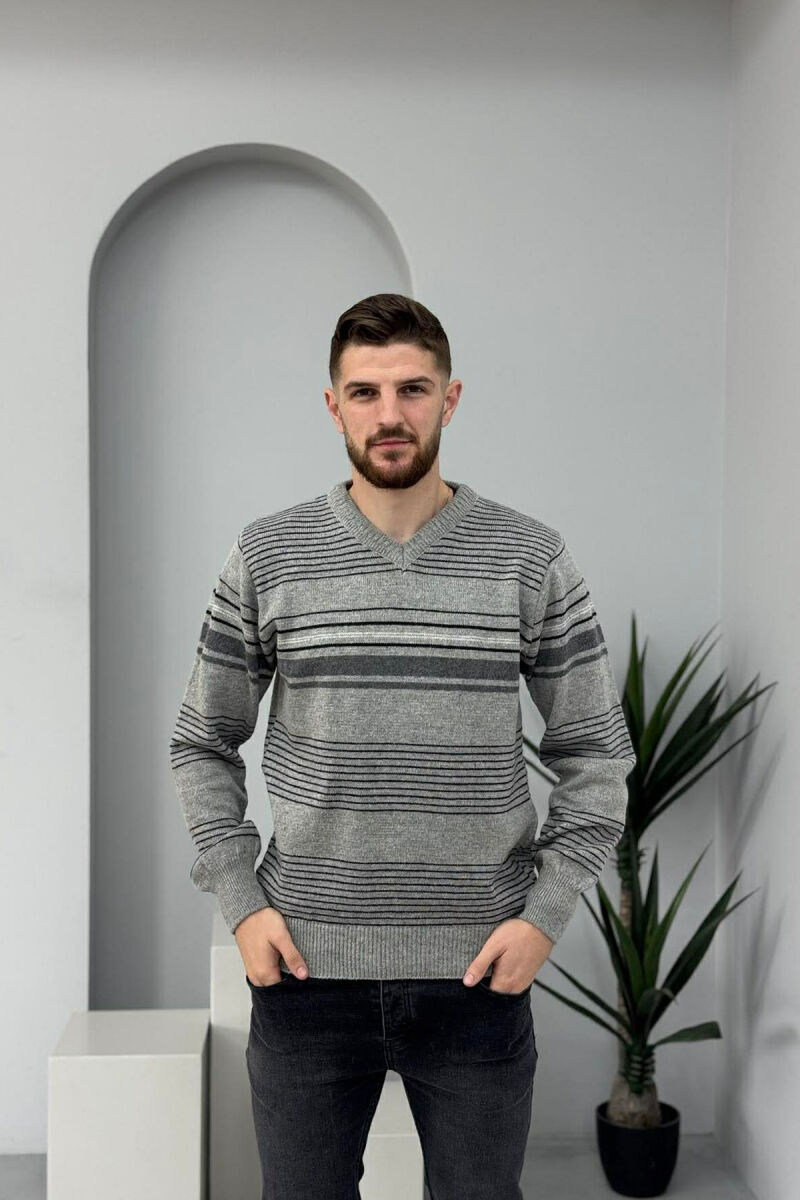 V NECK STRIPES MEN SWEATER GREY/GRI - 2