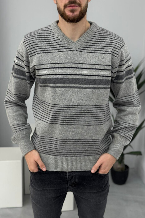V NECK STRIPES MEN SWEATER GREY/GRI - 3