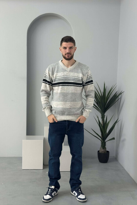 V NECK STRIPES MEN SWEATER LIGHT GREY/GZ 