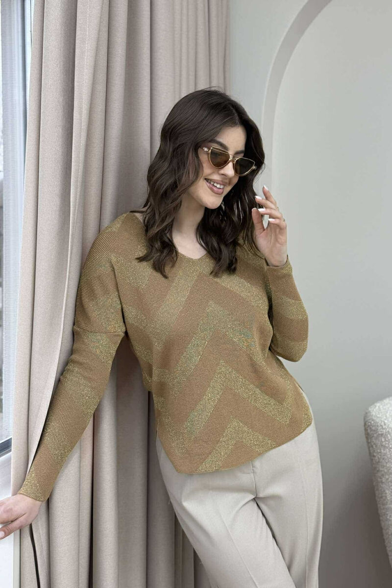 V NECK STRIPES WOMEN SWEATER BEIGE/BEZHE - 1