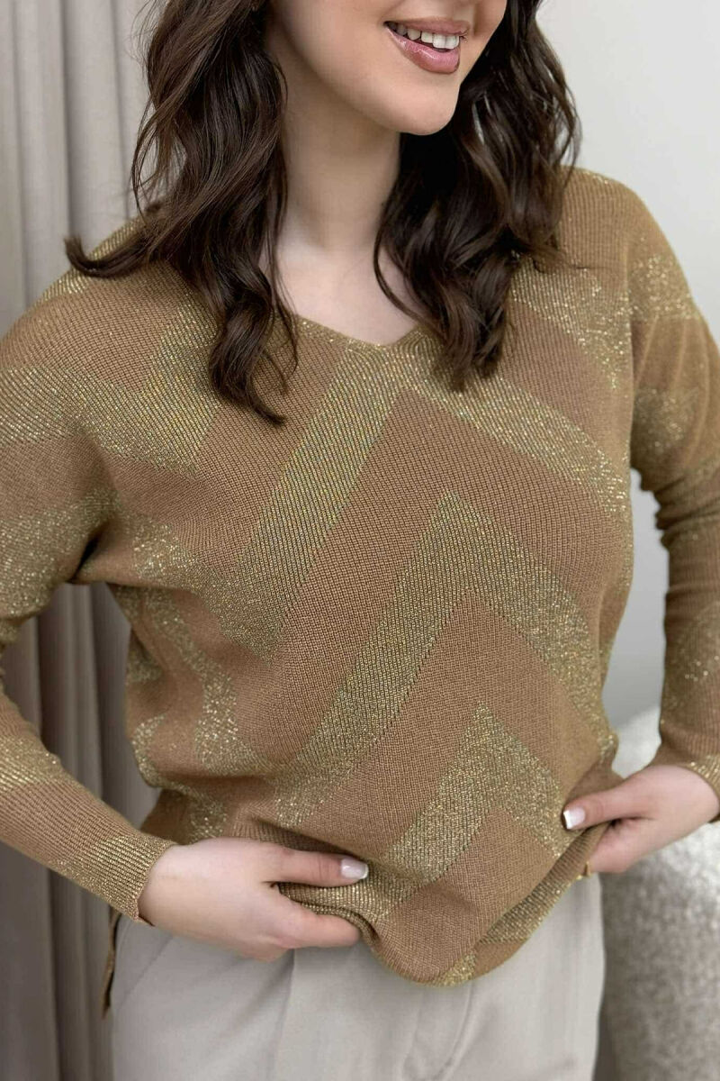 V NECK STRIPES WOMEN SWEATER BEIGE/BEZHE - 2
