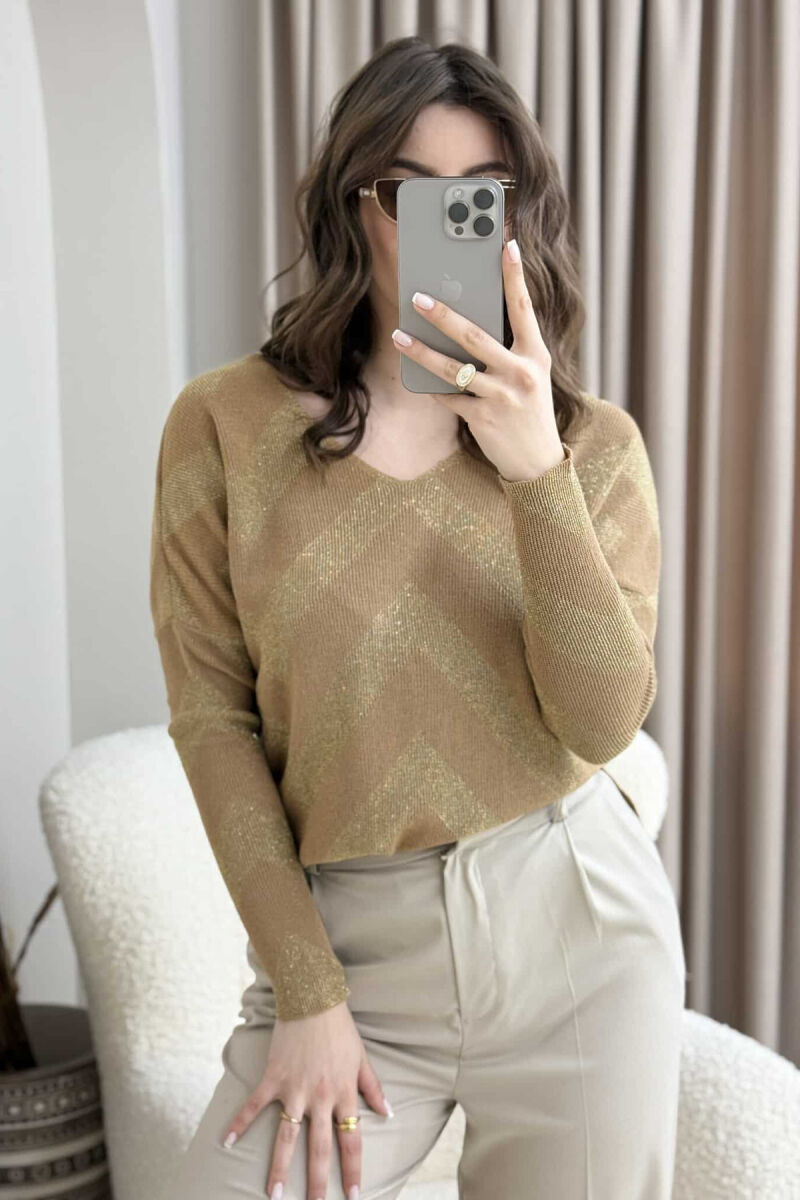 V NECK STRIPES WOMEN SWEATER BEIGE/BEZHE - 4