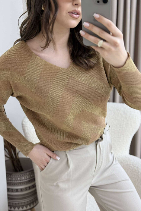 V NECK STRIPES WOMEN SWEATER BEIGE/BEZHE - 5