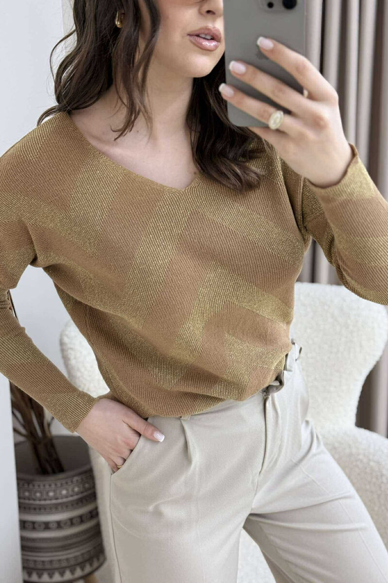 V NECK STRIPES WOMEN SWEATER BEIGE/BEZHE - 5