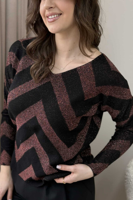 V NECK STRIPES WOMEN SWEATER BLACK/ E ZEZE - 7