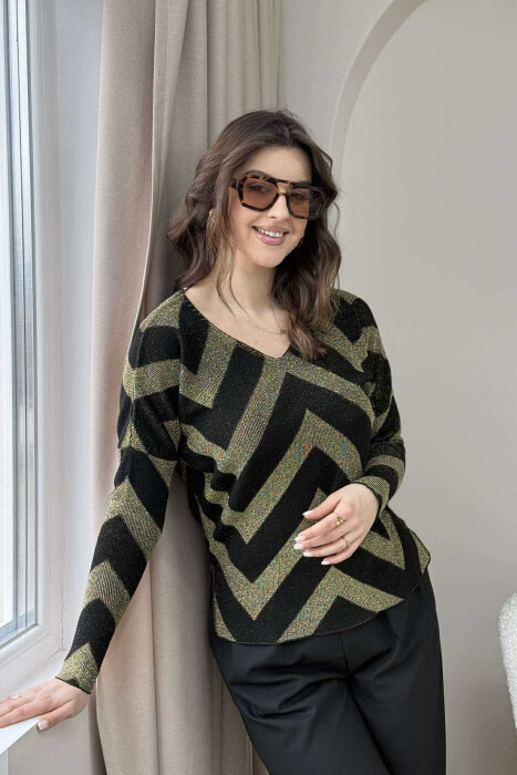 V NECK STRIPES WOMEN SWEATER BLACK+GOLD/ZEGO 