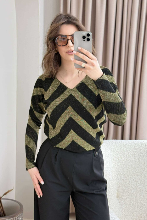 V NECK STRIPES WOMEN SWEATER BLACK+GOLD/ZEGO - 5