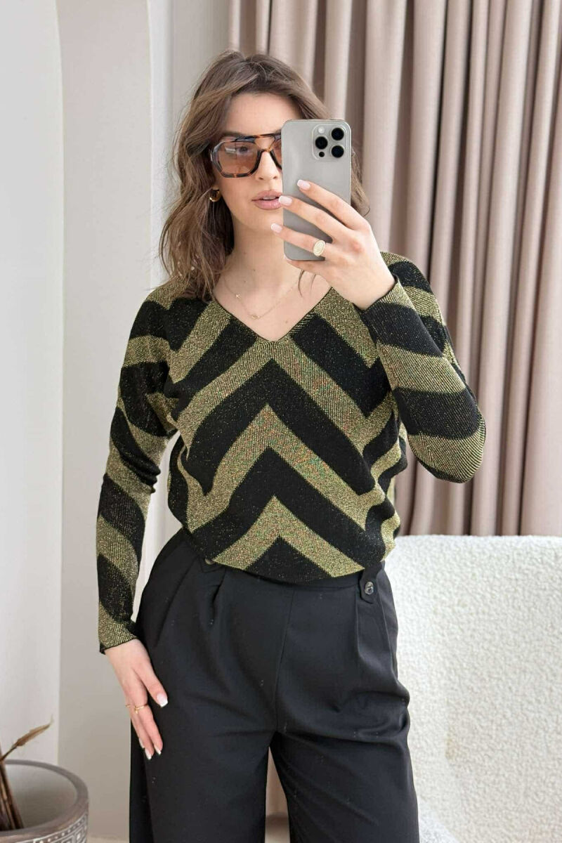 V NECK STRIPES WOMEN SWEATER BLACK+GOLD/ZEGO - 5