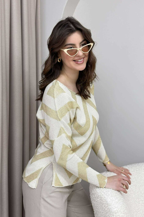 V NECK STRIPES WOMEN SWEATER CREAM/KREM - 2