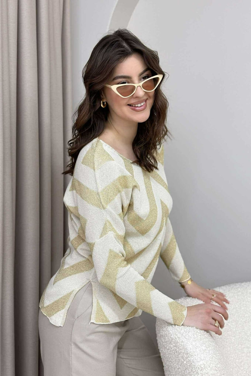 V NECK STRIPES WOMEN SWEATER CREAM/KREM - 2