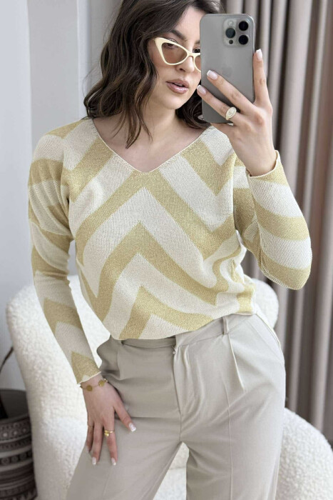 V NECK STRIPES WOMEN SWEATER CREAM/KREM - 4
