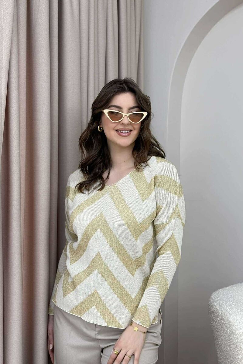 V NECK STRIPES WOMEN SWEATER CREAM/KREM - 5
