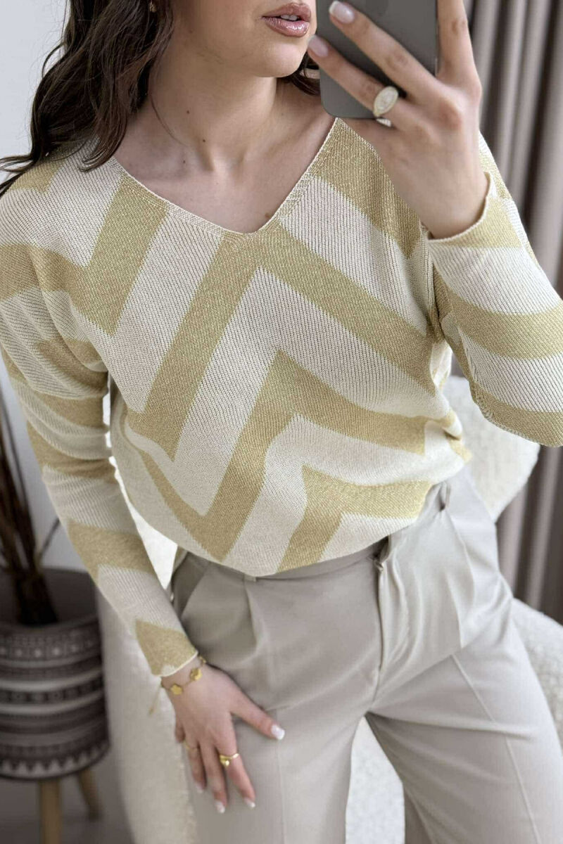 V NECK STRIPES WOMEN SWEATER CREAM/KREM - 6
