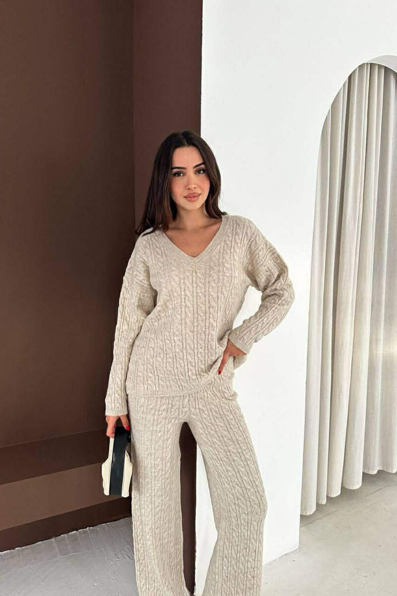 V NECK SWEATER+TROUSERS KNIT WOMEN SET BEIGE/BEZHE - 1