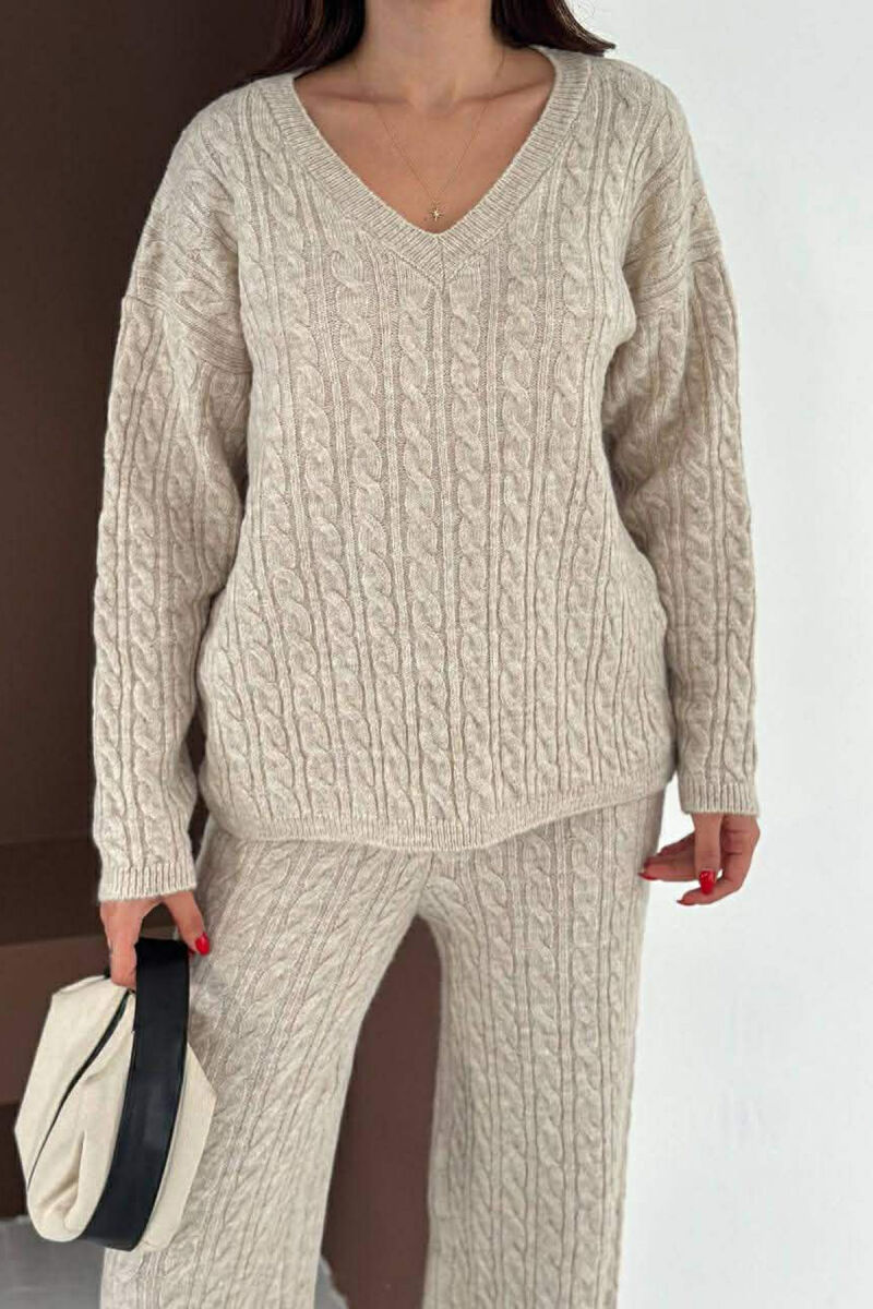 V NECK SWEATER+TROUSERS KNIT WOMEN SET BEIGE/BEZHE - 2