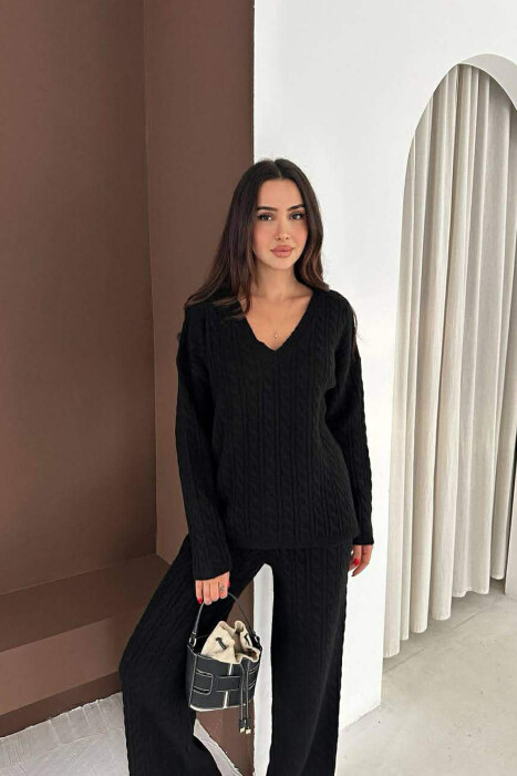 V NECK SWEATER+TROUSERS KNIT WOMEN SET BLACK/ E ZEZE - 1