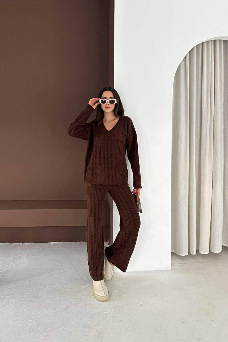 V NECK SWEATER+TROUSERS KNIT WOMEN SET BROWN/KAFE - 1