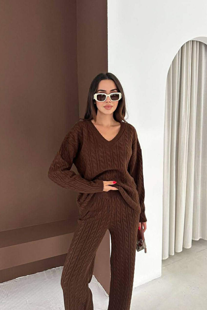 V NECK SWEATER+TROUSERS KNIT WOMEN SET BROWN/KAFE - 2