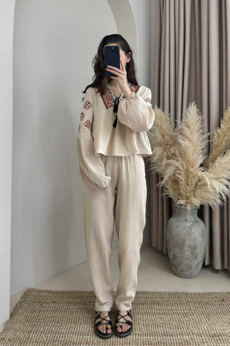 V NECK SWEATSHIRT+TROUSERS WOMEN SET BEIGE/BEZHE 