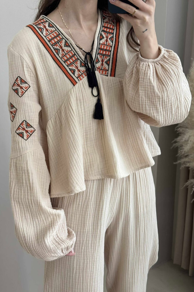 V NECK SWEATSHIRT+TROUSERS WOMEN SET BEIGE/BEZHE - 2