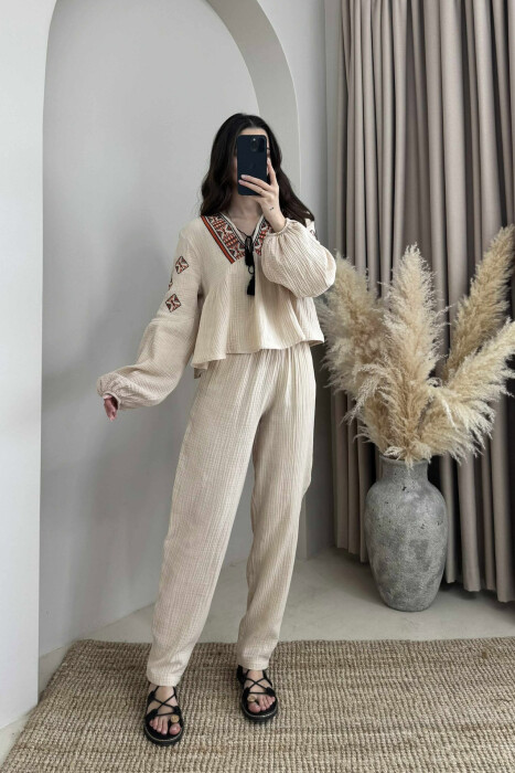 V NECK SWEATSHIRT+TROUSERS WOMEN SET BEIGE/BEZHE - 4
