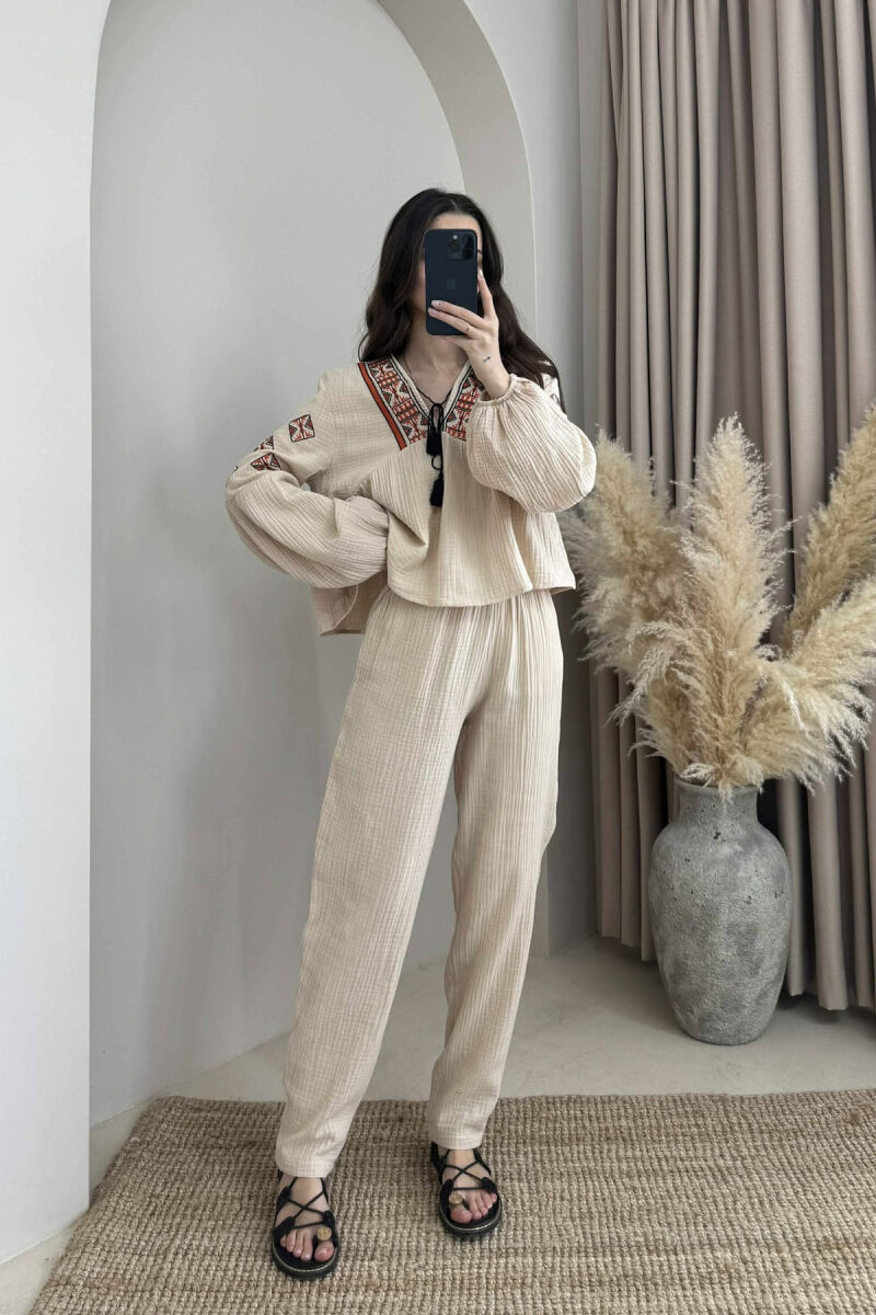V NECK SWEATSHIRT+TROUSERS WOMEN SET BEIGE/BEZHE - 5