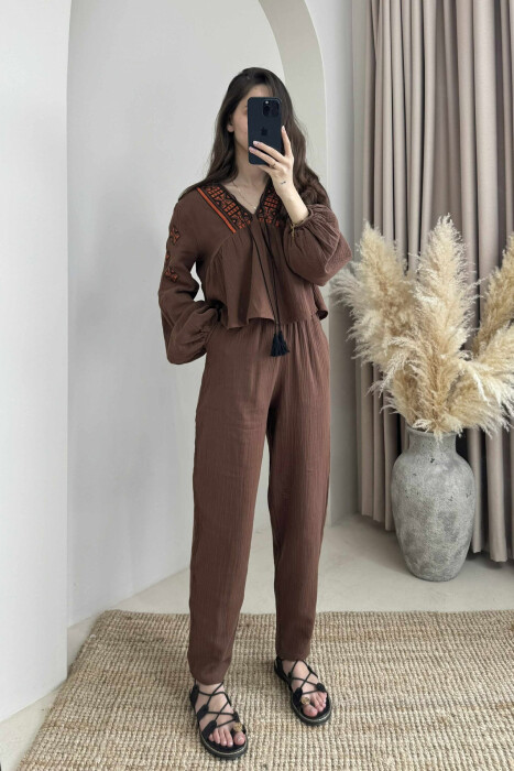 V NECK SWEATSHIRT+TROUSERS WOMEN SET BROWN/KAFE 