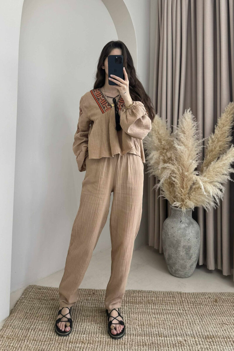 V NECK SWEATSHIRT+TROUSERS WOMEN SET LIGHT BROWN/KAZB - 1