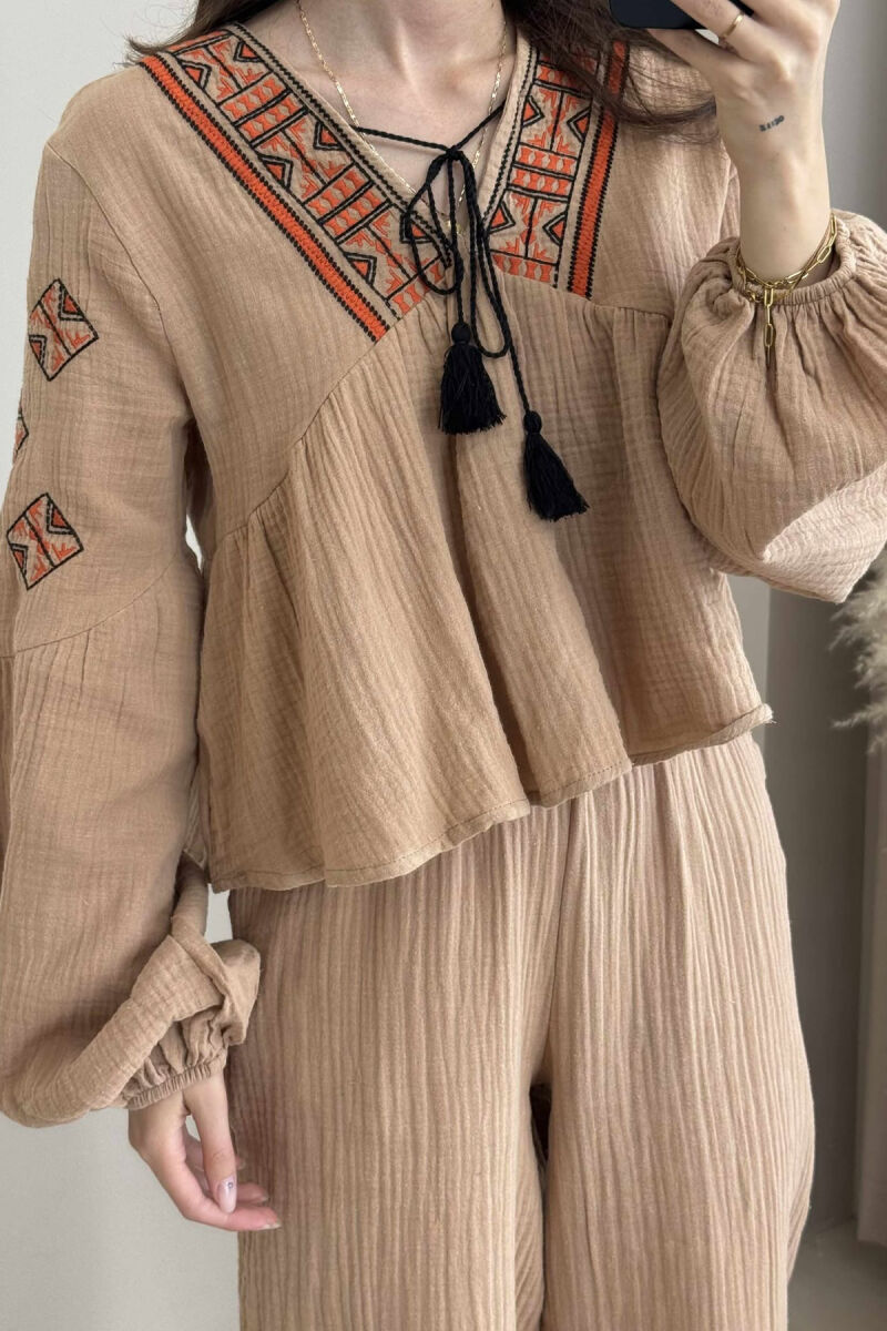 V NECK SWEATSHIRT+TROUSERS WOMEN SET LIGHT BROWN/KAZB - 2